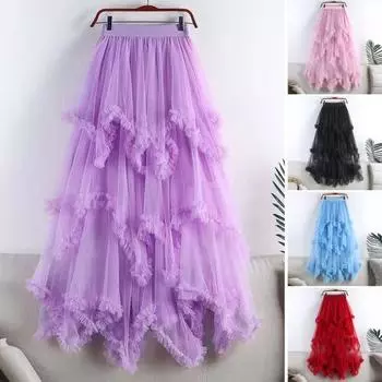 Женская юбка-торт, средняя посадка, эластичный пояс, неровный подол, юбка-миди, однотонная сетчатая длинная юбка, повседневная одежда оранжевый