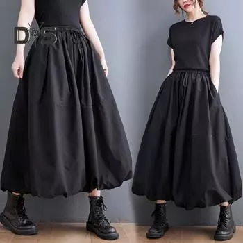 Женская юбка-трапеция, эластичная, с высокой талией, шнуровкой, большим подолом, макси-юбка с карманами, однотонная, повседневная длинная юбка M чёрный