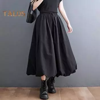 Женская юбка-трапеция, эластичная, с высокой талией, шнуровкой, большим подолом, макси-юбка с карманами, однотонная, повседневная длинная юбка L чёрный