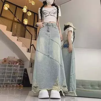 Женская юбка-трапеция из денима с высокой талией в стиле ретро — большой размер, лето, средняя длина S