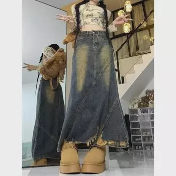 Женская юбка-трапеция из рваного денима с высокой талией - весна/осень, утягивающая, средней длины 3XL