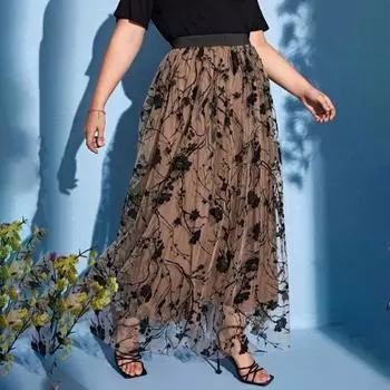 Женская юбка-трапеция с 3D вышивкой и принтом листьев, двухслойная сетчатая фатиновая юбка-миди с высокой талией, дизайнерская юбка с эластичной резинкой на талии S кофейный