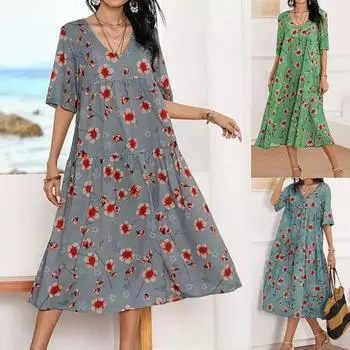 Женская юбка-трапеция с принтом, пуловер, платье с v-образным вырезом и короткими рукавами L синий