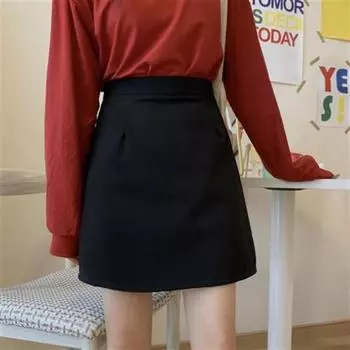Женская юбка-трапеция с высокой талией, весенне-осенняя корейская версия, универсальная тонкая однотонная костюмная юбка M чёрный