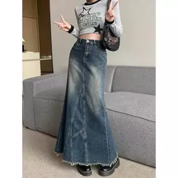 Женская юбка-трапеция средней длины с разрезом в стиле ретро-ковбоя, неровная необработанная кромка, весна-осень XL