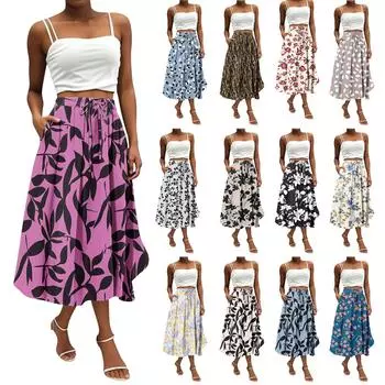 Женская юбка в стиле бохо с цветочным принтом, однотонная повседневная юбка с карманами L бежевый