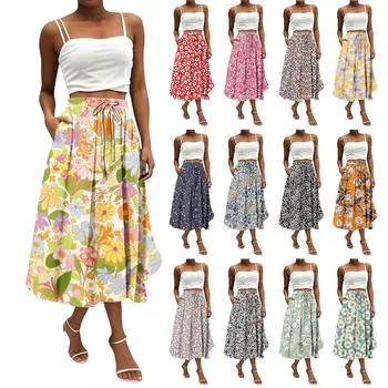 Женская юбка в стиле бохо с цветочным принтом, однотонная повседневная юбка с карманами L чёрный