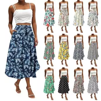 Женская юбка в стиле бохо с цветочным принтом, однотонная повседневная юбка с карманами L бежевый