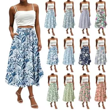 Женская юбка в стиле бохо с цветочным принтом, однотонная повседневная юбка с карманами L синий