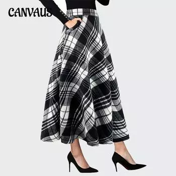 Женская юбка-зонтик из твида больших размеров с широкими карманами, свободного кроя, на осень и зиму, с плотным кроем S черный белый