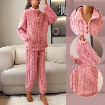 Женская удобная домашняя одежда с длинными рукавами на молнии, однотонные пижамные комплекты из кораллового флиса для женщин 2XL бежевый