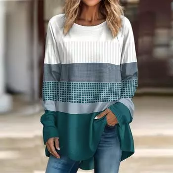 Женская удобная футболка с длинными рукавами и круглым вырезом больших размеров, рождественская повседневная мешковатая футболка средней длины XS синий