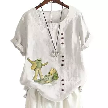 Женская удобная повседневная футболка из хлопка и льна со стильным узором и принтом, круглым вырезом и короткими рукавами, S-5XL S