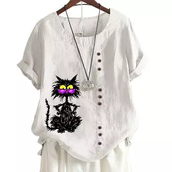 Женская удобная повседневная футболка из хлопка и льна с животным и цветочным принтом, круглым вырезом и короткими рукавами, украшение на пуговицах, S-5XL S