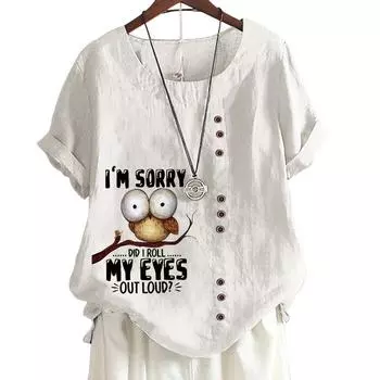 Женская удобная повседневная футболка из хлопка и льна с животным и цветочным принтом, круглым вырезом и короткими рукавами, украшение на пуговицах, S-5XL S