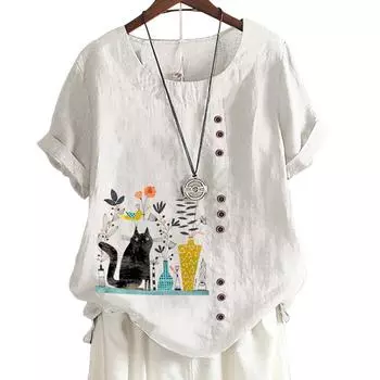 Женская удобная повседневная футболка из хлопка и льна с 8 рисунками животных, круглым вырезом и короткими рукавами, S-5XL S