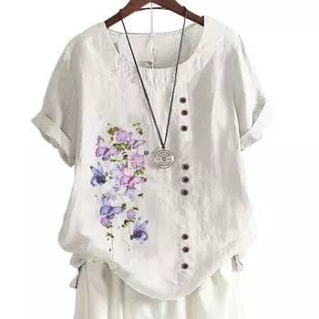 Женская удобная повседневная футболка из хлопка и льна с животным и цветочным принтом, круглым вырезом и короткими рукавами, украшение на пуговицах, S-5XL S