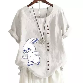 Женская удобная повседневная футболка из хлопка и льна со стильным узором и принтом, круглым вырезом и короткими рукавами, S-5XL S