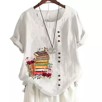 Женская удобная повседневная футболка из хлопка и льна со стильным узором и принтом, круглым вырезом и короткими рукавами, S-5XL S