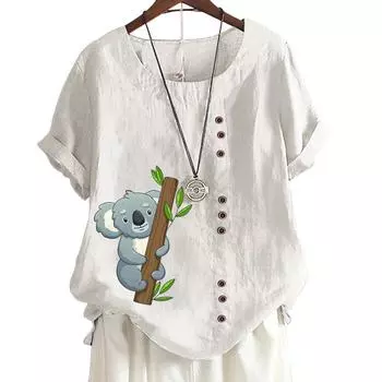 Женская удобная повседневная футболка из хлопка и льна с животным и цветочным принтом, круглым вырезом и короткими рукавами, украшение на пуговицах, S-5XL S