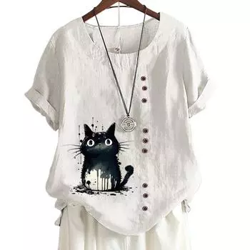 Женская удобная повседневная футболка из хлопка и льна с 8 рисунками животных, круглым вырезом и короткими рукавами, S-5XL S
