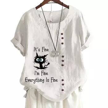 Женская удобная повседневная футболка из хлопка и льна со стильным узором и принтом, круглым вырезом и короткими рукавами, S-5XL S