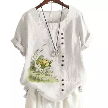 Женская удобная повседневная футболка из хлопка и льна с 8 рисунками животных, круглым вырезом и короткими рукавами, S-5XL S