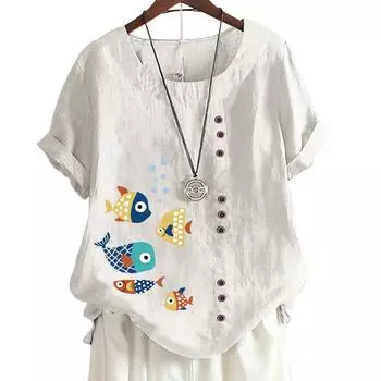Женская удобная повседневная футболка из хлопка и льна с животным и цветочным принтом, круглым вырезом и короткими рукавами, украшение на пуговицах, S-5XL S