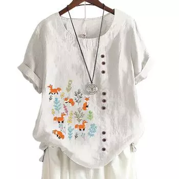 Женская удобная повседневная футболка из хлопка и льна со стильным узором и принтом, круглым вырезом и короткими рукавами, S-5XL S