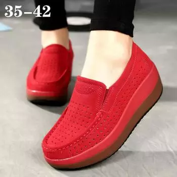 Женская удобная повседневная обувь больших размеров с дышащими ажурными вставками для ходьбы, мокасины 35 красный