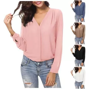 Женская удобная повседневная рубашка с длинным рукавом и v-образным вырезом, осенний стиль, топ M чёрный