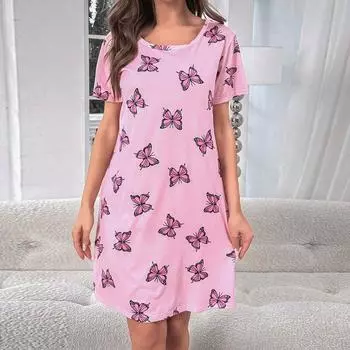 Женская удобная простая пижама, повседневная ночная рубашка с круглым вырезом, принт, атласная ночная рубашка с коротким рукавом, пуловер, платье для сна S