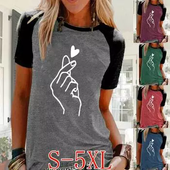 Женская удобная спортивная футболка с круглым вырезом и принтом в виде сердца, повседневная блузка больших размеров с короткими рукавами
