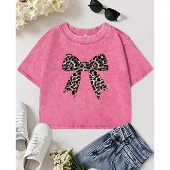 Женская укороченная футболка Y2K с принтом леопарда и бантом, хлопковая повседневная футболка, уличный топ с коротким рукавом, облегающие футболки Y2K M