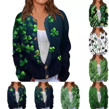 Женская ул.. Кардиган с длинными рукавами и принтом ко Дню Патрика, жакет на пуговицах L армия зеленый