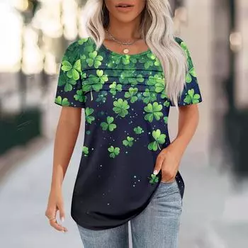 Женская ул.. Ко Дню Святого Патрика с принтом, короткими рукавами, свободным воротом, плиссированным топом L синий