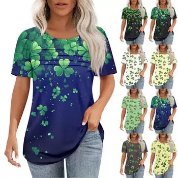 Женская ул.. Ко Дню Святого Патрика с принтом, короткими рукавами, свободным воротом, плиссированным топом M