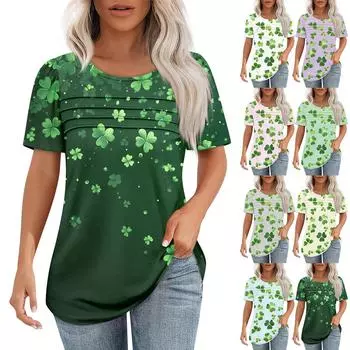 Женская ул.. Ко Дню Святого Патрика с принтом, короткими рукавами, свободным воротом, плиссированным топом XL