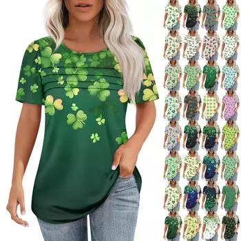 Женская ул.. Ко Дню Святого Патрика с принтом, короткими рукавами, свободным воротом, плиссированным топом L синий