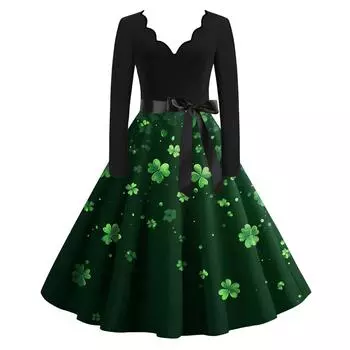 Женская ул.. Платье свободного кроя с принтом «День Патрика» и V-образным вырезом, длинными рукавами L темно-зеленого