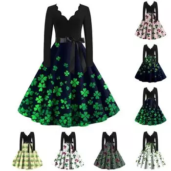 Женская ул.. Платье свободного кроя с принтом «День Патрика» и V-образным вырезом, длинными рукавами L темно-синий