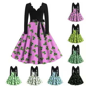 Женская ул.. Платье свободного кроя с принтом «День Патрика» и V-образным вырезом, длинными рукавами XXL синий