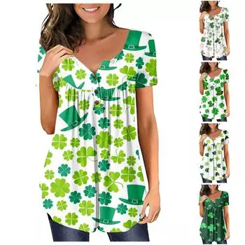 Женская ул.. Повседневная футболка с цветочным принтом ко Дню Святого Патрика, топ с короткими рукавами и живыми пуговицами XL армия зеленый