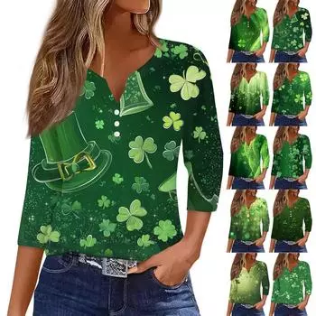 Женская ул.. Повседневный топ на пуговицах с V-образным вырезом и принтом ко Дню Святого Патрика, универсальный, с рукавами 3/4 L