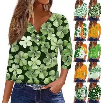 Женская ул.. Повседневный топ на пуговицах с V-образным вырезом и принтом ко Дню Святого Патрика, универсальный, с рукавами 3/4 XXL