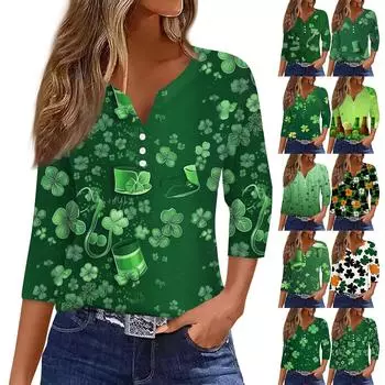 Женская ул.. Повседневный топ на пуговицах с V-образным вырезом и принтом ко Дню Святого Патрика, универсальный, с рукавами 3/4 L чёрный