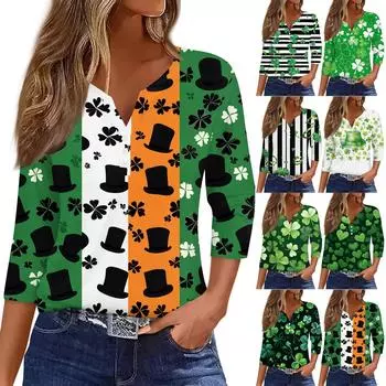 Женская ул.. Повседневный топ на пуговицах с V-образным вырезом и принтом ко Дню Святого Патрика, универсальный, с рукавами 3/4 L оранжевый