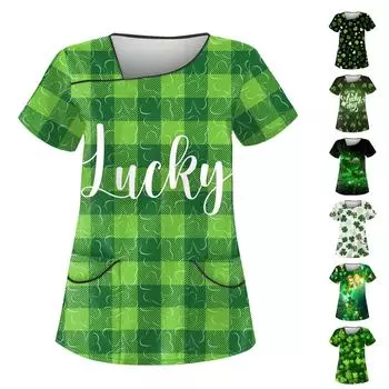 Женская ул.. Рабочая одежда с принтом ко Дню Святого Патрика, скошенным воротником и двухслойными карманами, базовый верхний пуловер M белый