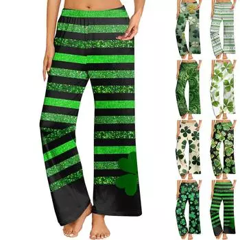 Женская ул.. Удобные прямые свободные брюки с принтом ко Дню Святого Патрика и эластичным поясом XL