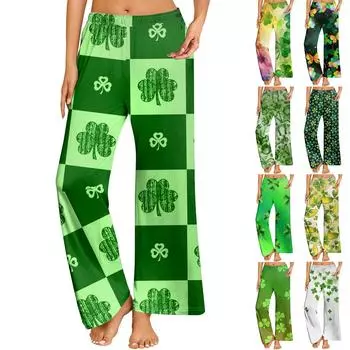 Женская ул.. Удобные прямые свободные брюки с принтом ко Дню Святого Патрика и эластичным поясом L оранжевый